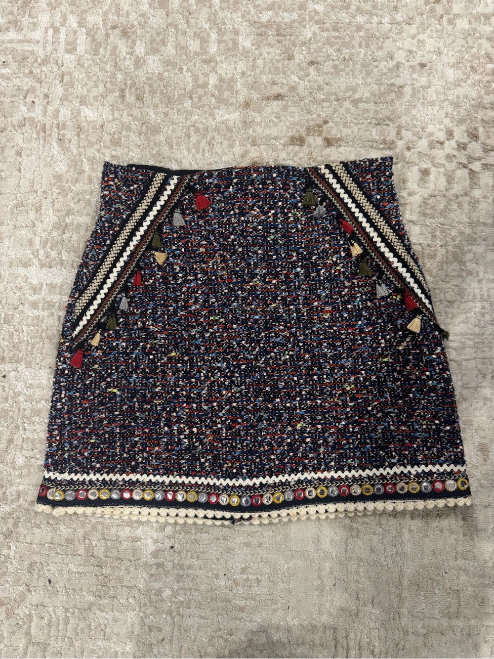 Zara Navy Tweed Mini Skirt with Multicolor Fleck & Tassel Trim